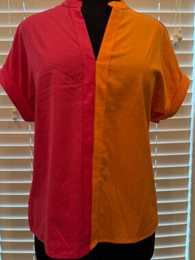 Salanta Pink & Orange Color Block V-Neck Blouse Loose Fit Chic Lightweight Top